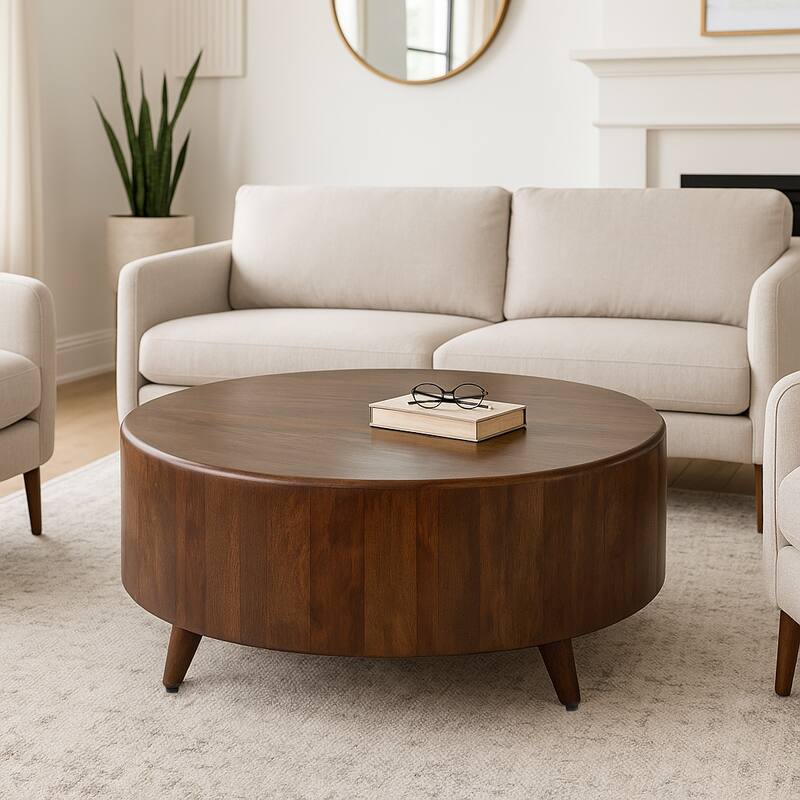 Elegant Round Wooden Coffee Table for Home Deor - 36", Brown - 36.0" - Wood - 36.0" - Blue/ Gold