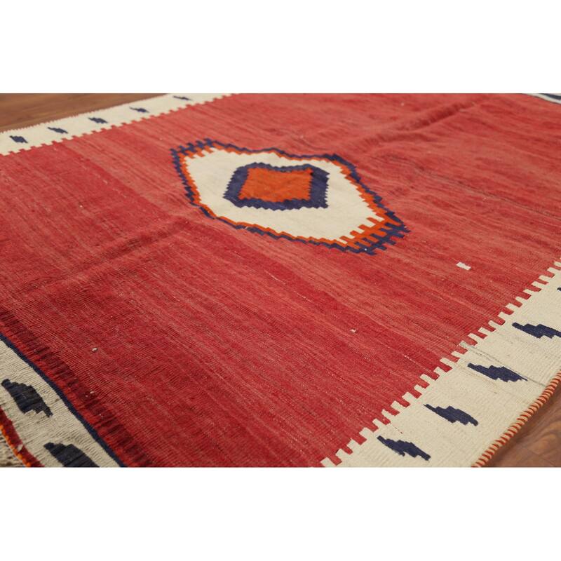 Red Kilim Qashqai Persian Vintage Area Rug Handmade Wool Carpet - 4'3"x 5'6"