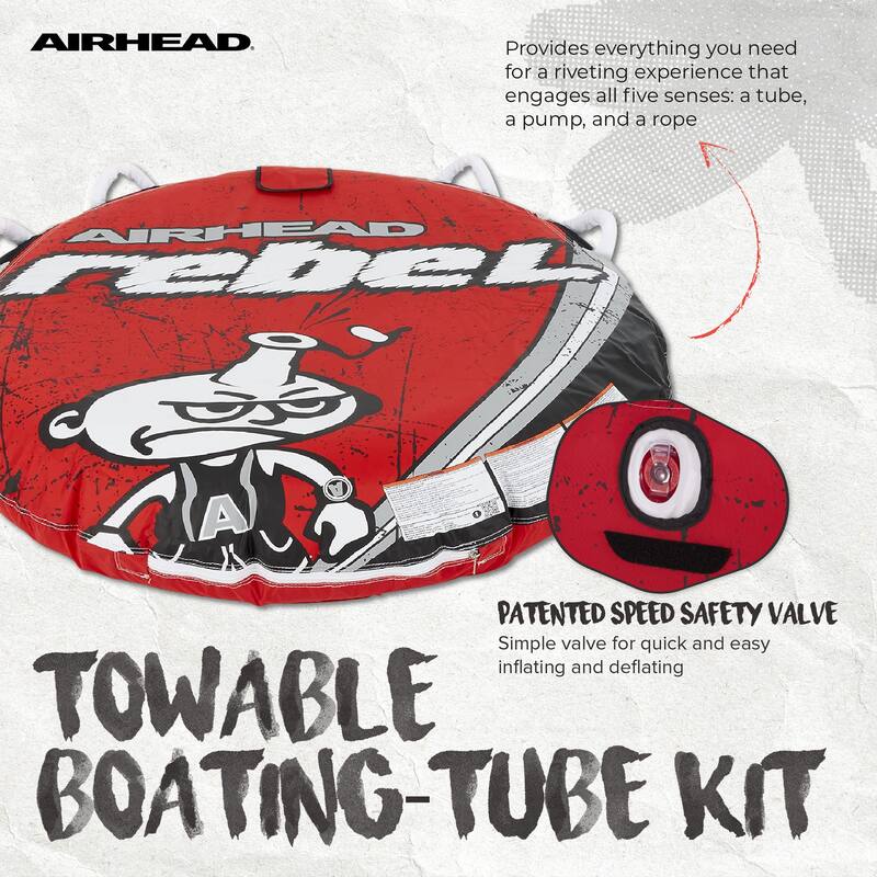 Airhead Rebel 54" 1 Person Durable Red Towable Tube Kit with Rope and 12V Pump - 11.2