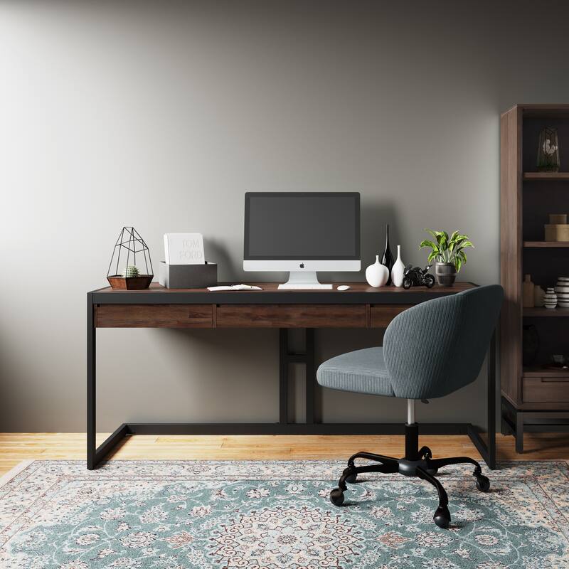 WYNDENHALL Cecilia SOLID ACACIA WOOD Industrial 72 inch Wide Large Desk in Rustic Natural Aged Brown - Distressed Charcoal Brown