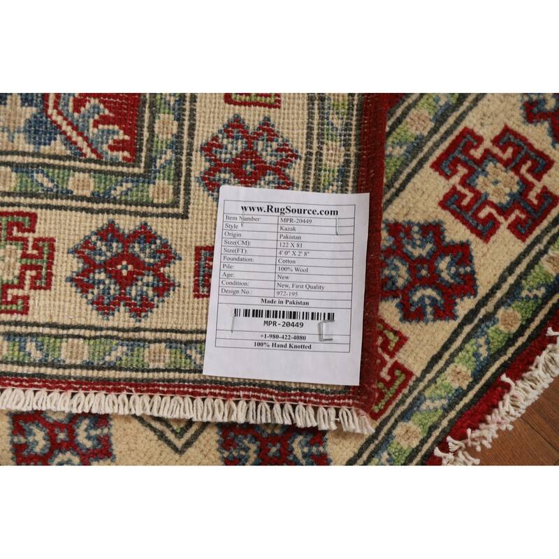 Kazak Foyer Rug Handmade Red Geometric Wool Carpet - 2'8"x 4'0"