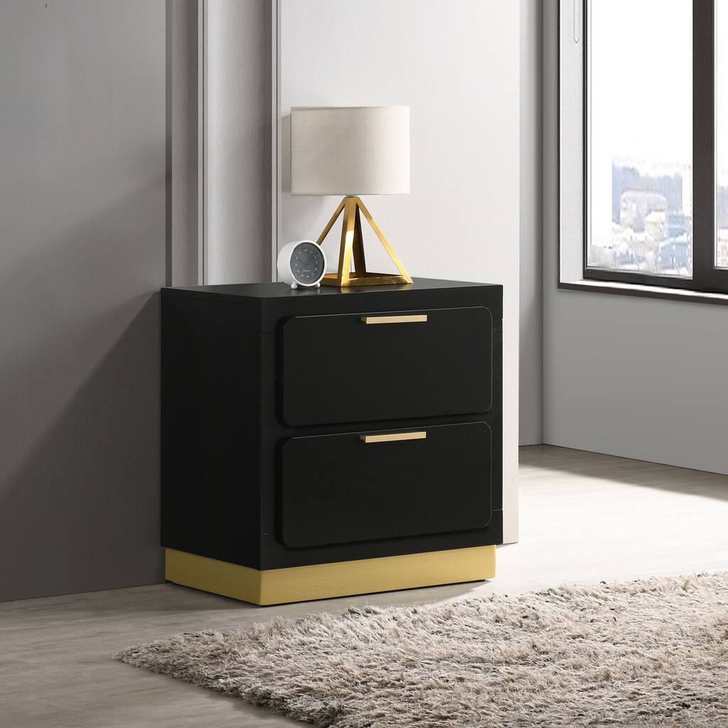 Modern Black 2-Drawer Nightstand with Gold Accents