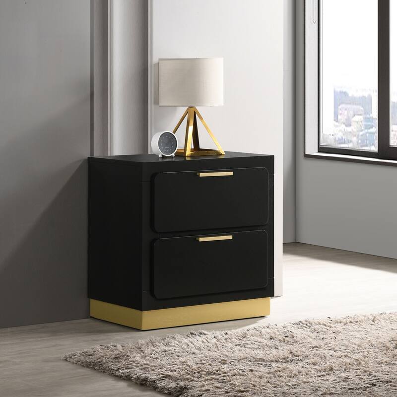 Modern Black 2-Drawer Nightstand with Gold Accents - Black