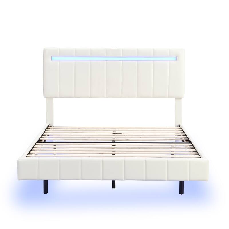 Full Size Floating Bed Frame with LED Lights and USB Charging On Sale