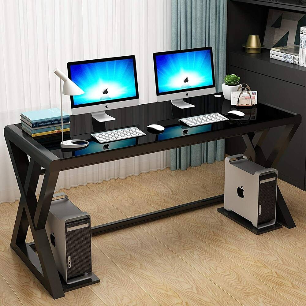 55.1" X Shaped Glass Computer Gaming Desk Black
