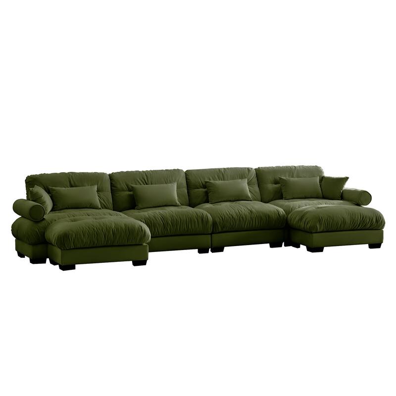 166" Velvet U-Shaped Sectional Sofa with Ottomans & Pillows