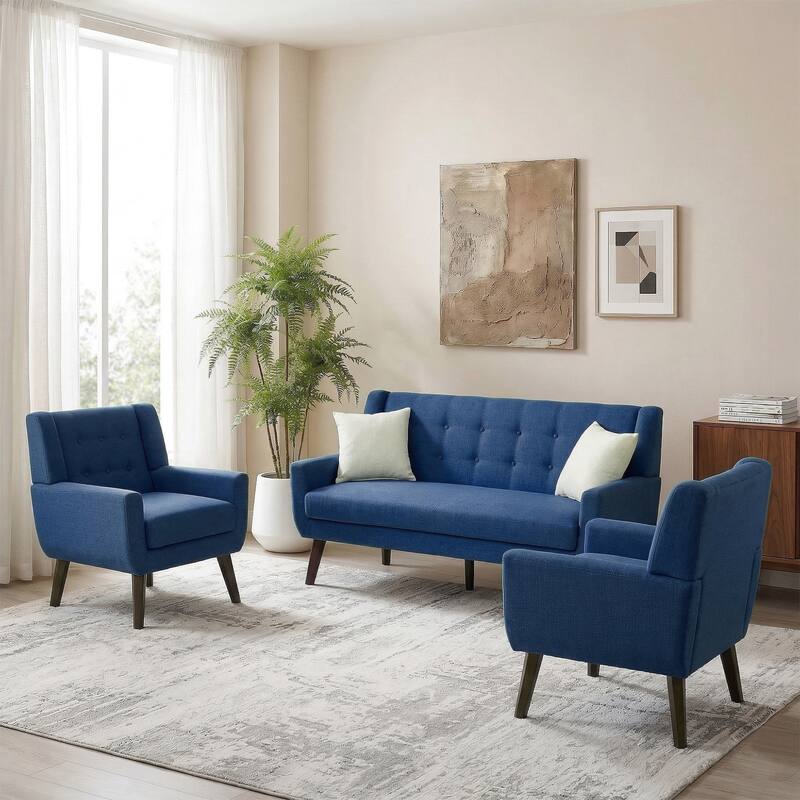 3-Piece Mid-Century Modern Living Room Set with Loveseat and 2 Chairs - Blue