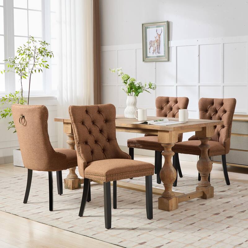 Set of 2 Linen Upholstered Dining Chair with Wood Legs, Nailhead Trim