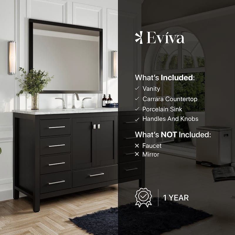 Eviva Aberdeen 48" Espresso Transitional Bathroom Vanity w/ White Carrara Top