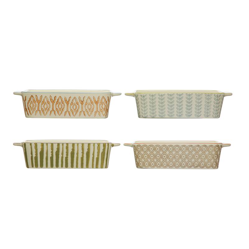 Hand-Stamped Stoneware Bake Pans - Multi-Color - Set of 4 - 8.1"L x 4.9"W x 1.9"H