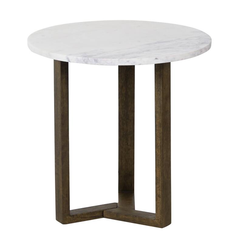 Fina Table, Round White Genuine Marble Top, Natural Brown Mango Wood 3 Leg Sled Base