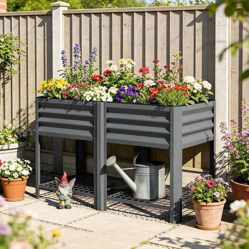 Outsunny Galvanized Steel Raised Garden Bed with Storage Shelf and Bed Liner, Elevated Planter Box with Legs - Dark Grey