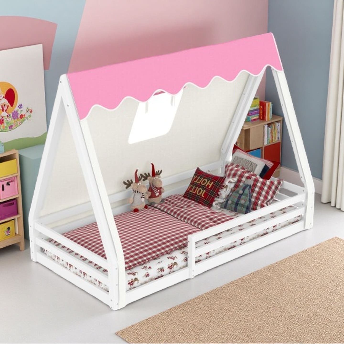 Twin Montessori-Style House Floor Bed with Tent and LED Lights, Solid Wood Teepee Bed with Full Guardrails for Kids