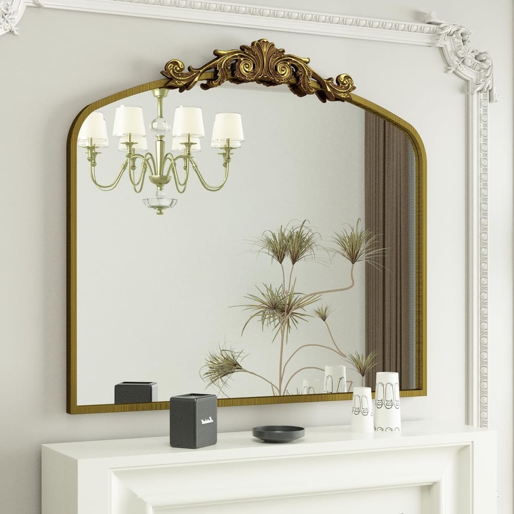 Arched Vintage Wall Mirror and Metal Frame Baroque Style Bathroom Vanity Mirror