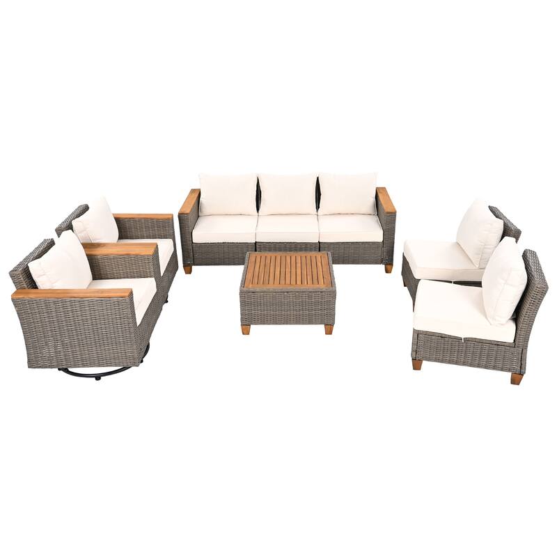 8-Piece Patio Furniture Set with Storage Table and Rattan Swivel Rocking Chairs, Outdoor Wicker Conversation Set for Backyard