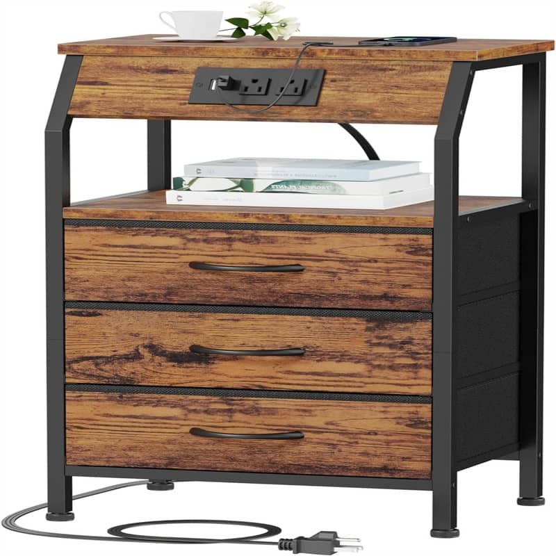 Night Stand with Charging Station Small Bedside Table with Wood Shelf