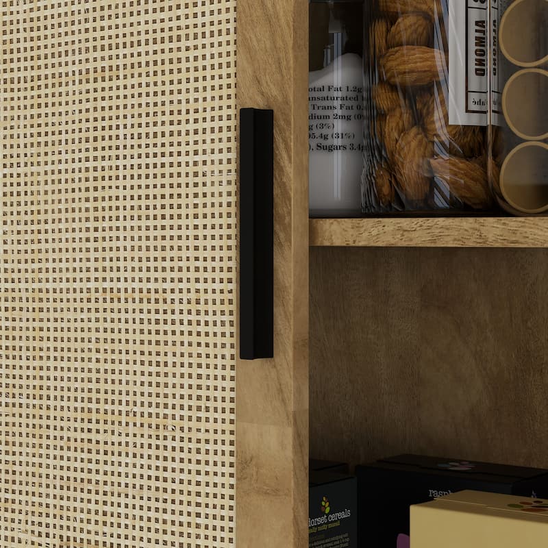 64" Rattan Kitchen Storage Cabinet with Adjustable Shelf, Natural