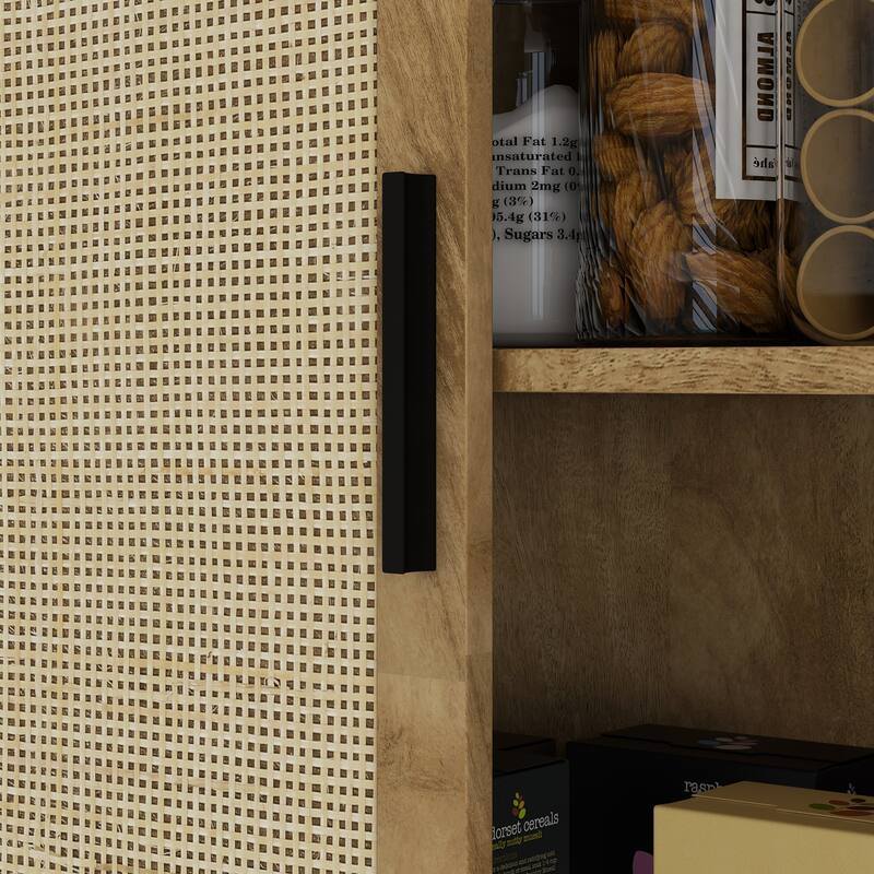 Modern Kitchen Pantry Cabinet with 6-Level Adjustable Shelf, Rattan Doors & Anti-Tip Safety Features