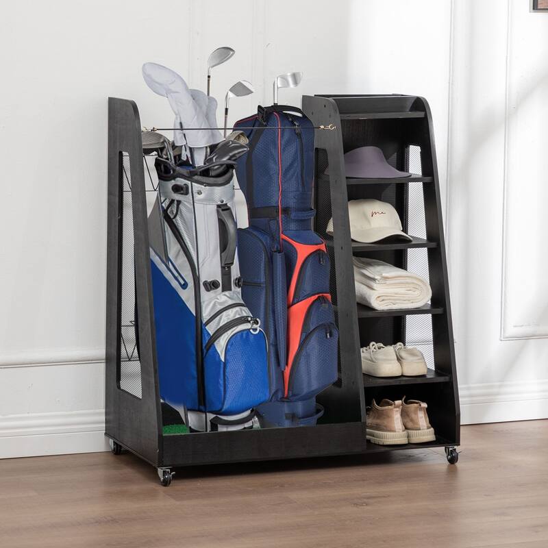 Premium Wooden Golf Clubs Storage Rack Fit 2 Golf Bags
