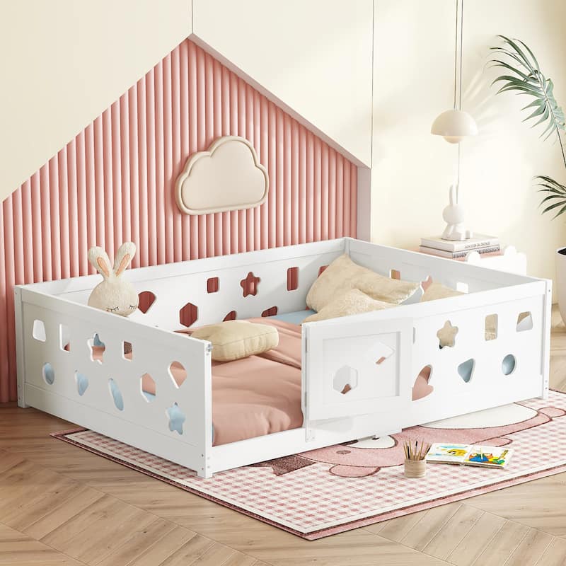 Full Size Montessori Floor Bed with Safety Guardrails & Door - 300LB Capacity - White