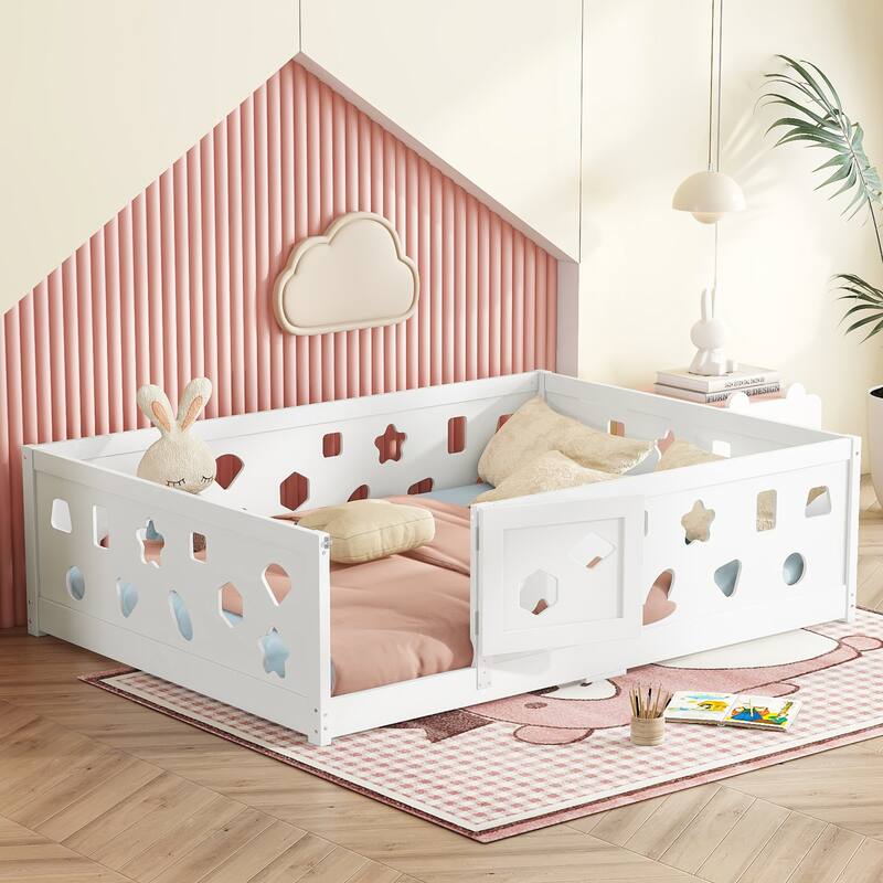 Solid Wood Montessori Floor Bed Frame, Geometric Shaped Floor Bed with Fence and Door, Wooden Slats Support