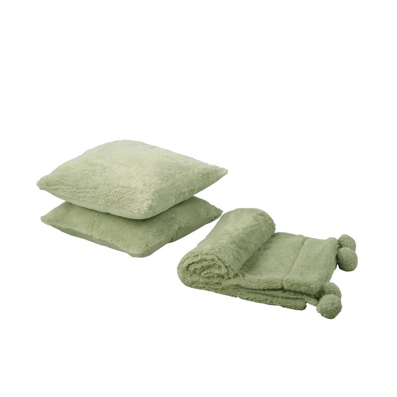 Pompom FauxFur Throw & 2 Pillow Shell Combo Set