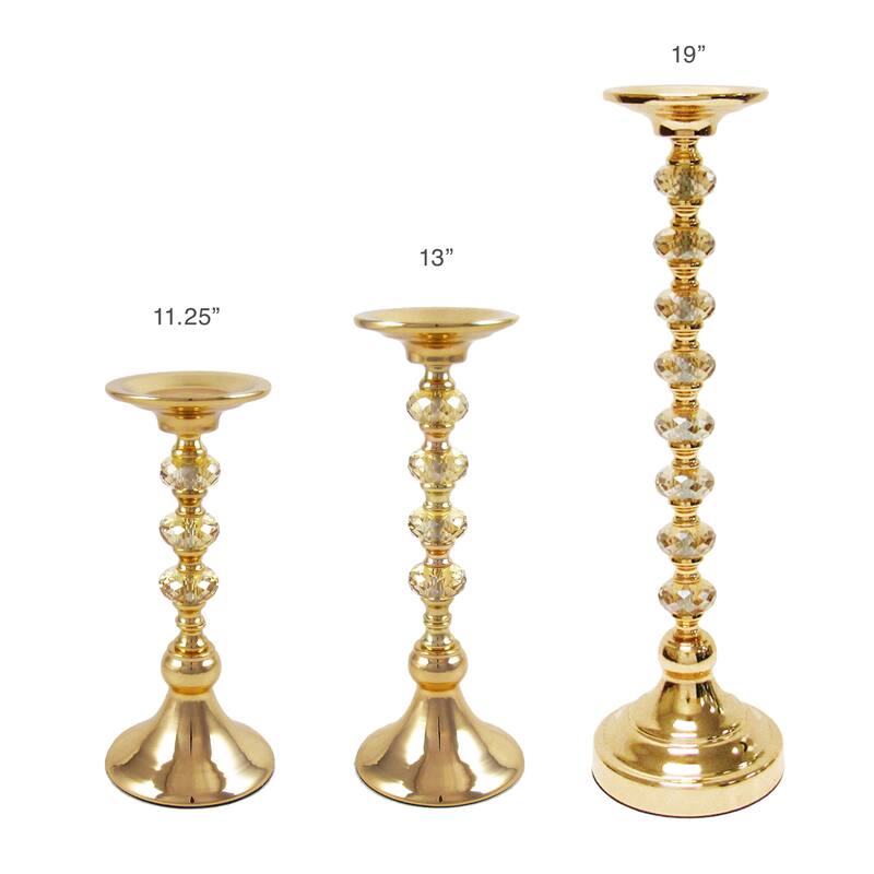 Gold Diamond Gem Crystal Candlestick Pillar Candle Holder Centerpiece