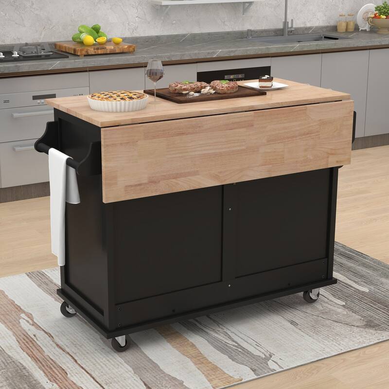 Rolling Kitchen Island with Drop-Leaf Countertop, Adjustable Shelves, 2 Drawers & Sliding Barn Door - Mint Green