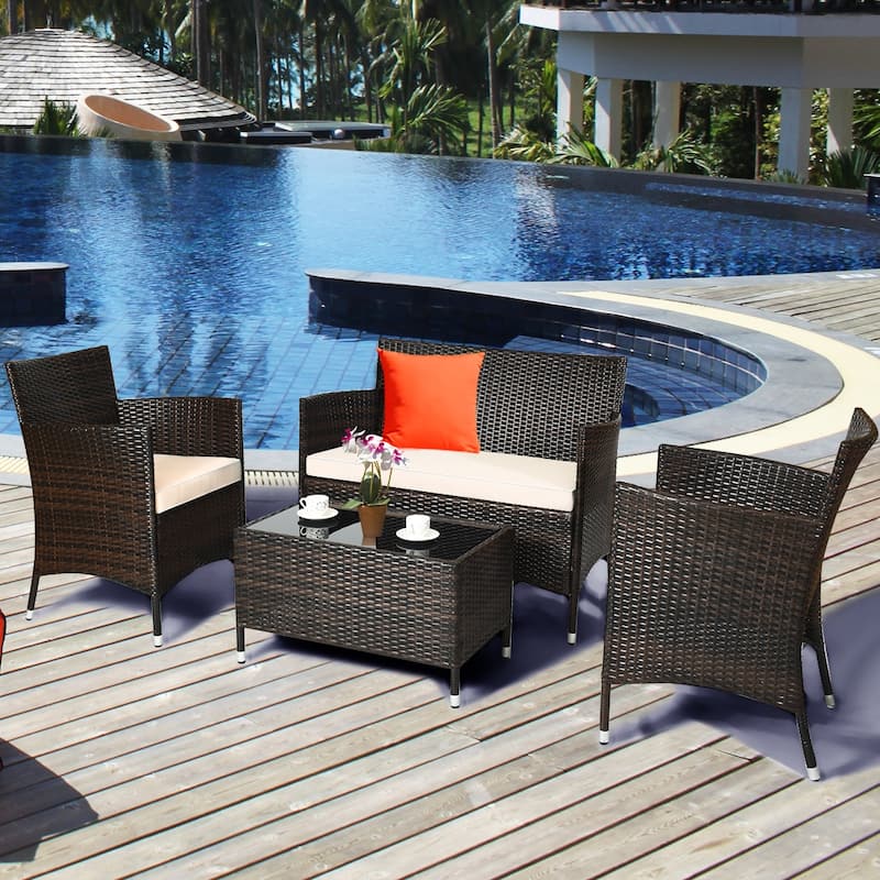 Rattan Patio Conversation Furniture Set with Glass Table and Comfortable Sofa - 4 Pcs