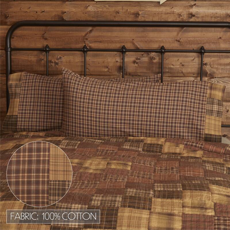 Brown Rustic Bedding VHC Prescott Block Border Pillow Case Set of 2 Cotton Plaid Patchwork