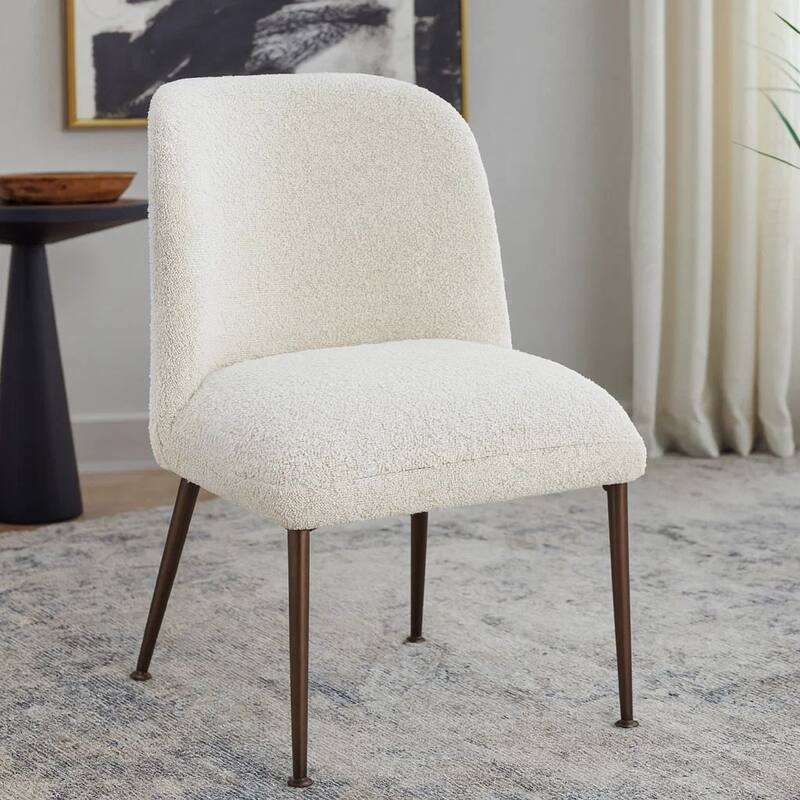 Zame 20 Inch Dining Chair, Soft White Boucle Fabric, Set of 2, Curved Back