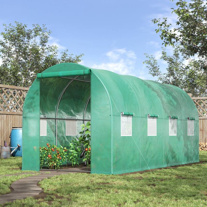 UV-Resistant Walk-in Tunnel Hoop Greenhouse, Plant Shed with Roll-Up Zipper Door & Mesh Windows Gardening Plant Hot House - Green