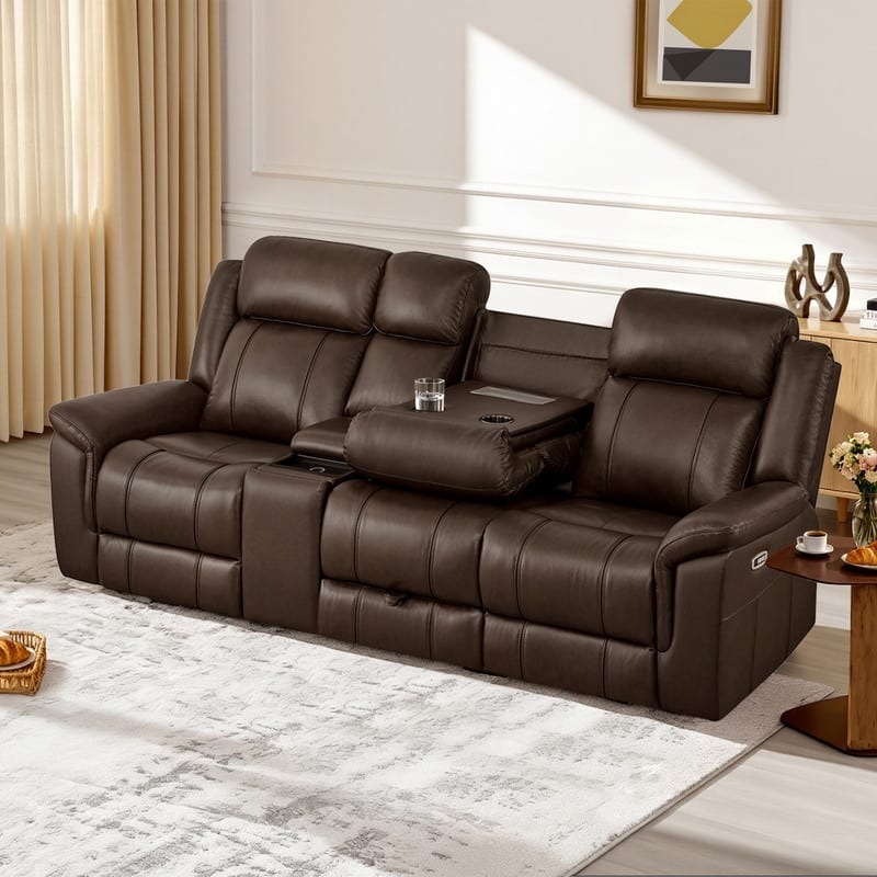 Spruce & Spring Genuine Leather Power Reclining Sofa with Optional Console & Flip-Down Table - 3PC+Console - Dark Brown