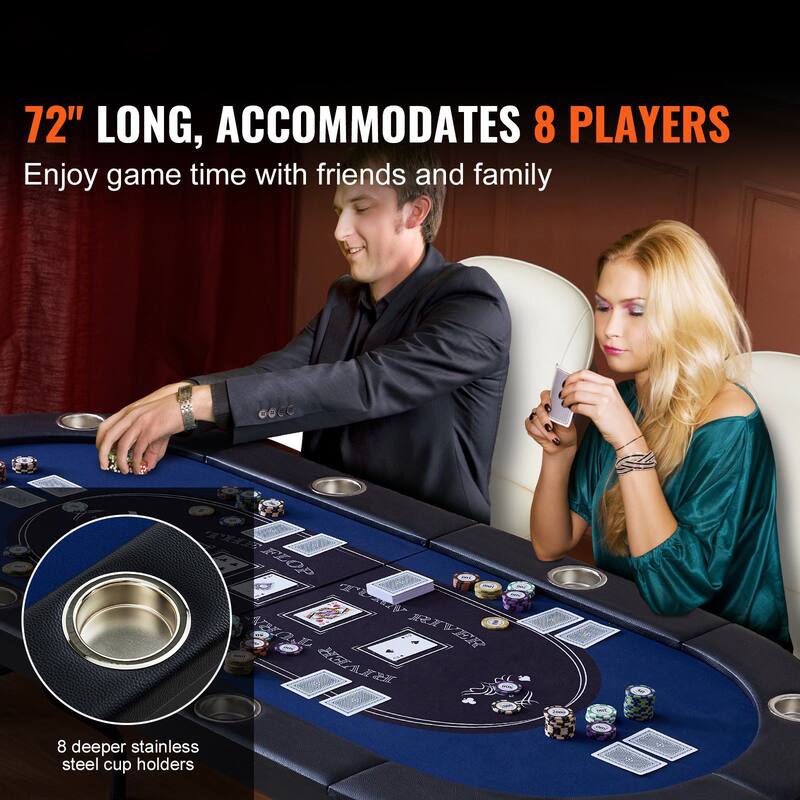 Blue Foldable Poker Table with Felt Top, 8 Player, Cup Holders - 72.1”L x 32.3” W x 28.3” H