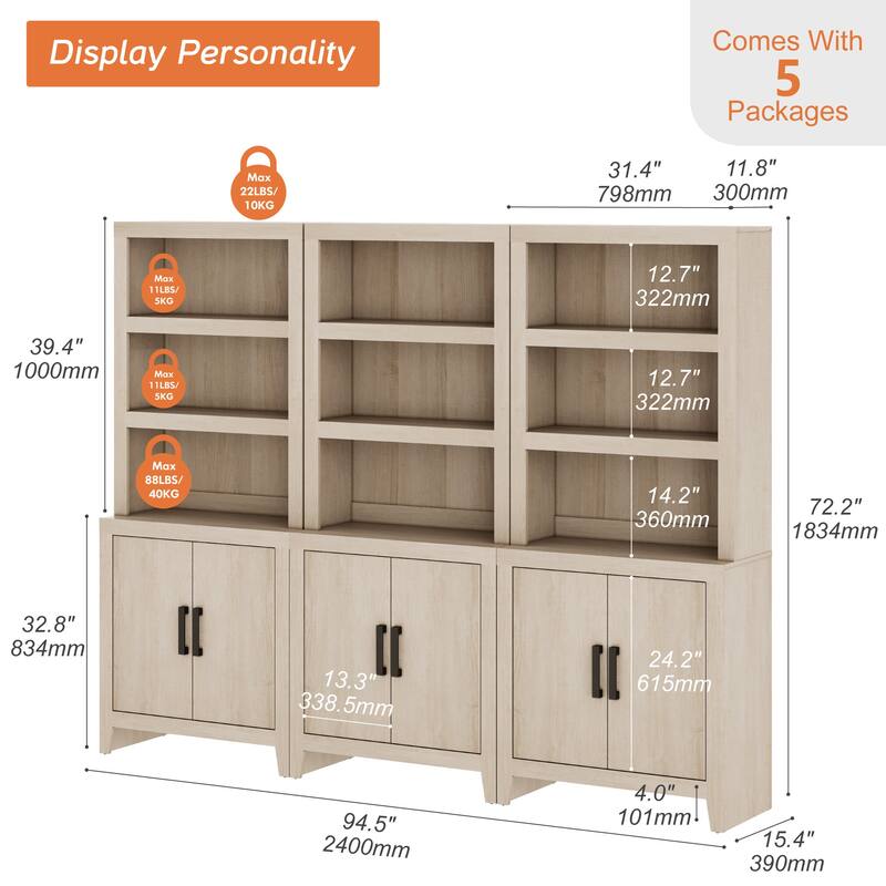 74" Tall Bookshelf with Door, Farmhouse Bookcase with Adjustable Shelf and Storage Cabinet for Living Room, Office