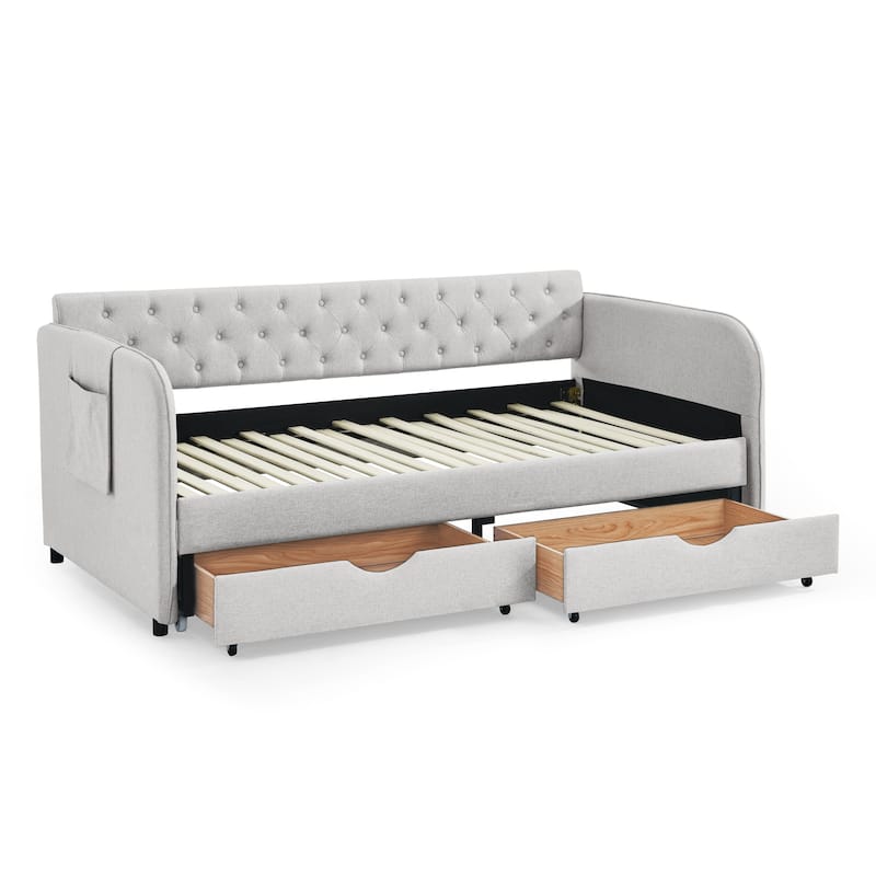 Roomfitters Twin Upholstered Daybed with Trundle, Underbed Storage and Flat Arms with Side Pocket, Extendable Design