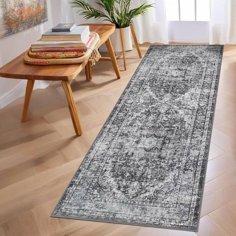 Machine Washable Area Rug Vintage Medallion Rugs Non Slip Low Pile Bedroom Rug - 2'x6' - Gray Blue