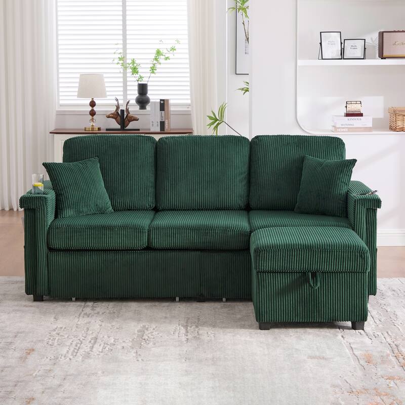 HOMEFUN Corduroy Upholstered L-shaped Pull-Out Storage Sectional Sofa with Storage Ottoman,USB Charging,Cup Holder - Emerald