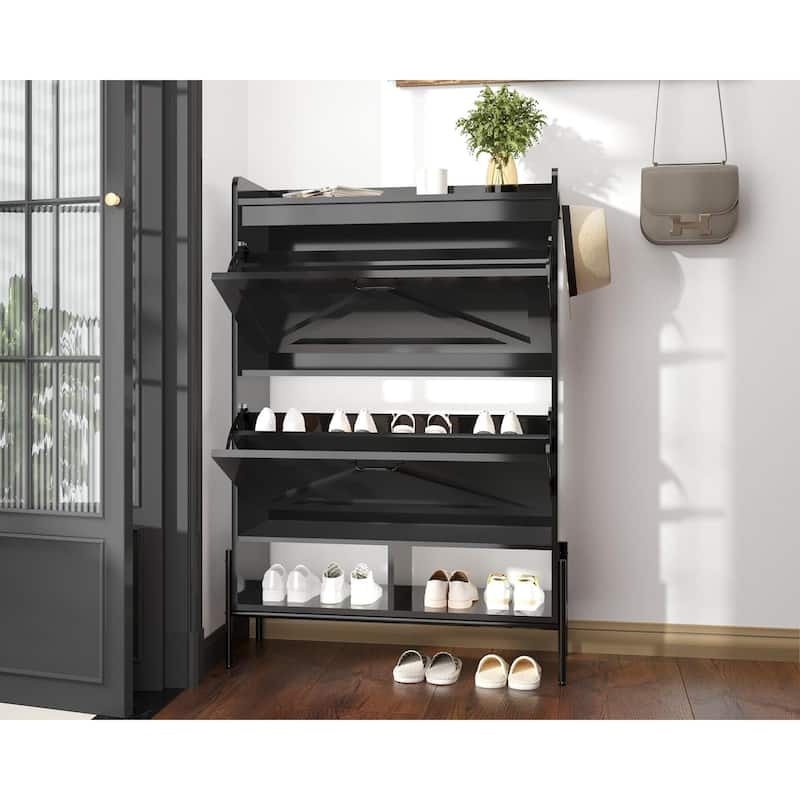 Shoe Cabinet with 2 Flip Drawers and Open Shelves