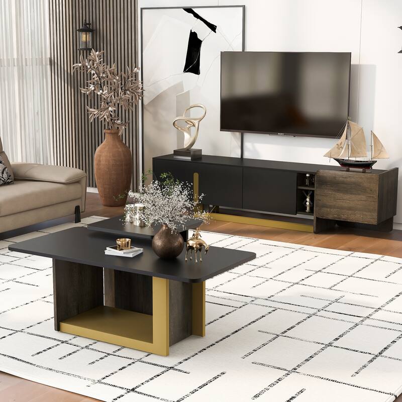 TV Stand for TVs up to 70 Inches, L-shaped Metal Base Television Cabinet TV Console with Drawer - Black - Table