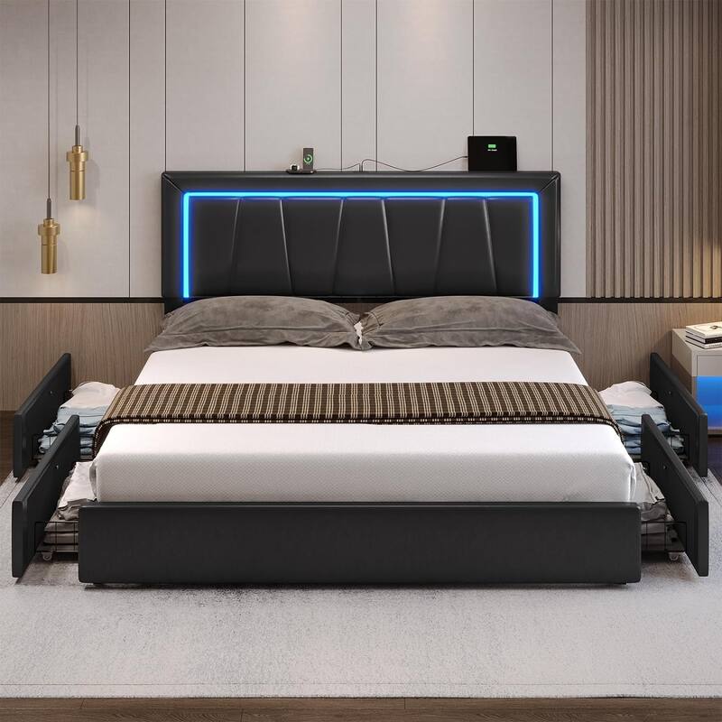 Bed Frame with 4 Storage Drawers1 USB /Type-C Charging Station