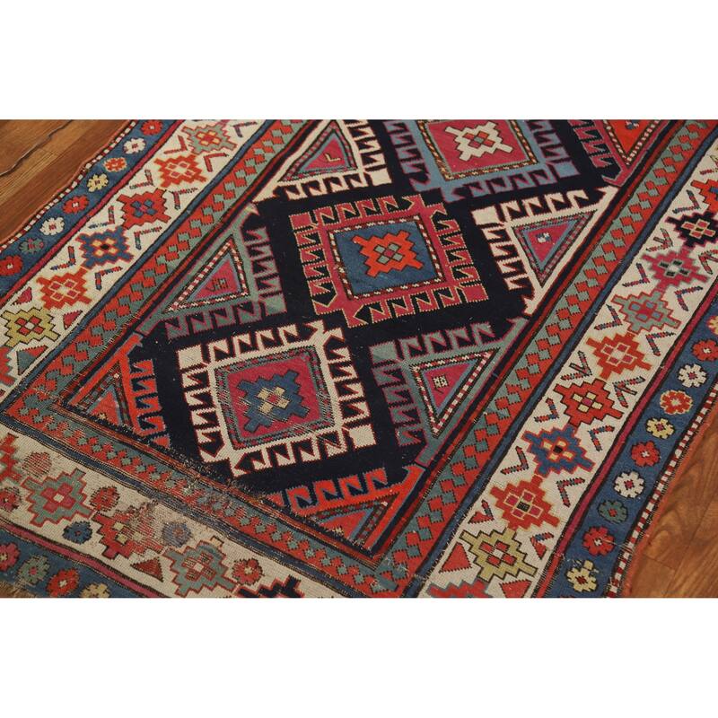 Hand Knotted Oriental 100% Wool Carpet Traditional Geometric Multi-Colored Kazak Runner Rug - 7' 6'' X 3' 4''