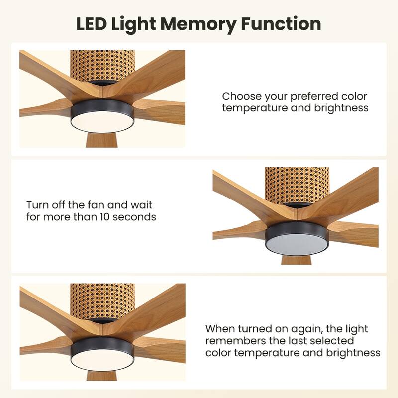 MLiAN 5 Solid Wood Blades Ceiling Fan with Lights Remote Control 6-Speed DC - 54''