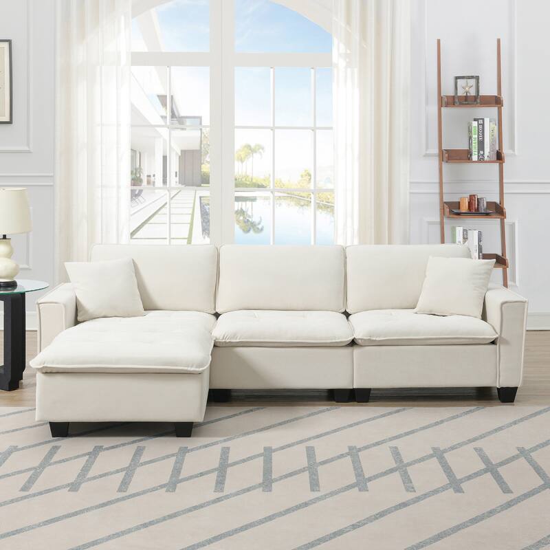 Modern Tufted Sectional Sofa with Luxurious Suede Fabric & Reinforced Legs - 4 Seat Sofa with Ottoman