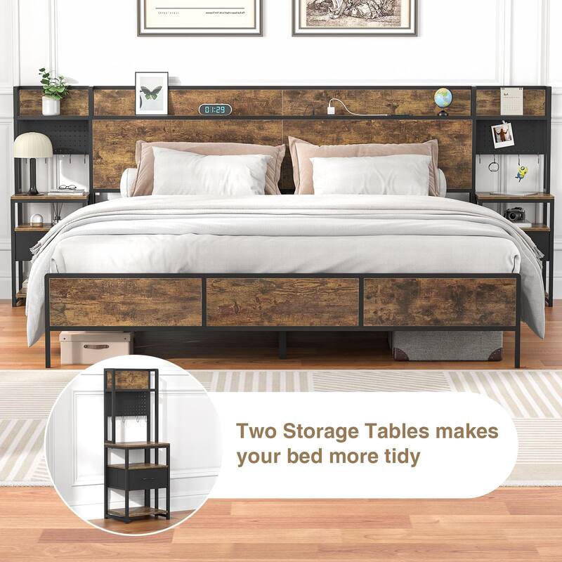 Rustic Brown Bed Frame (Queen/King) with 2 Sliding Nightstands & Bookcase Storage Headboard