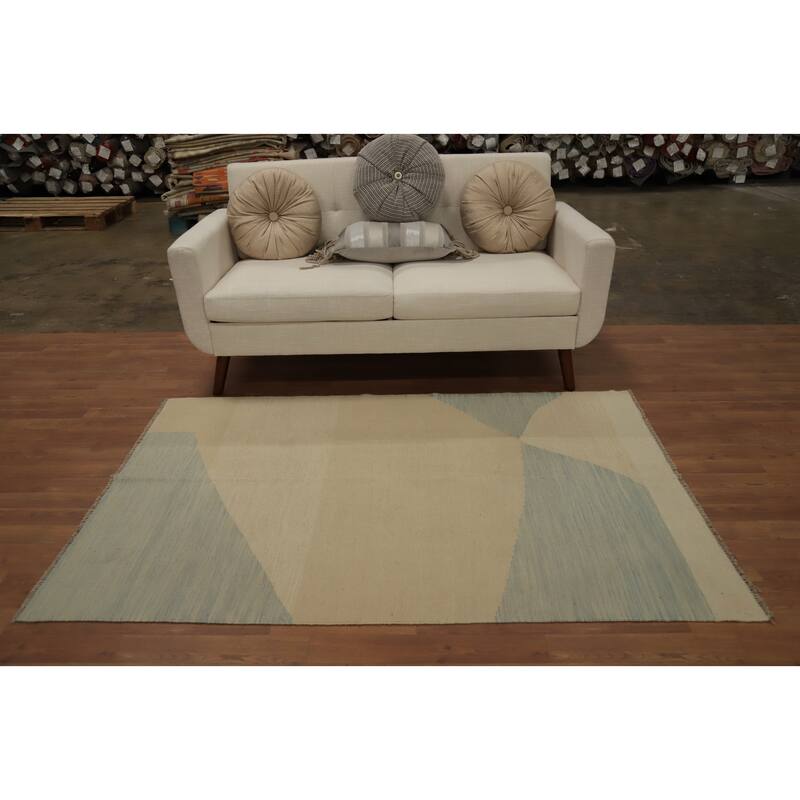 Hand Woven Oriental 100% Wool Carpet Southwestern Modern Beige & Ivories Kilim Area Rug - 6' 0'' X 4' 0''