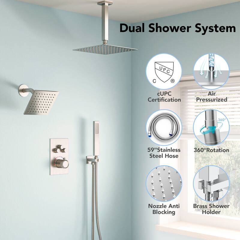 Dual Heads 12" Rainfall Shower head & High Pressure 6" Shower System w/ 3 Way Thermostatic Faucet