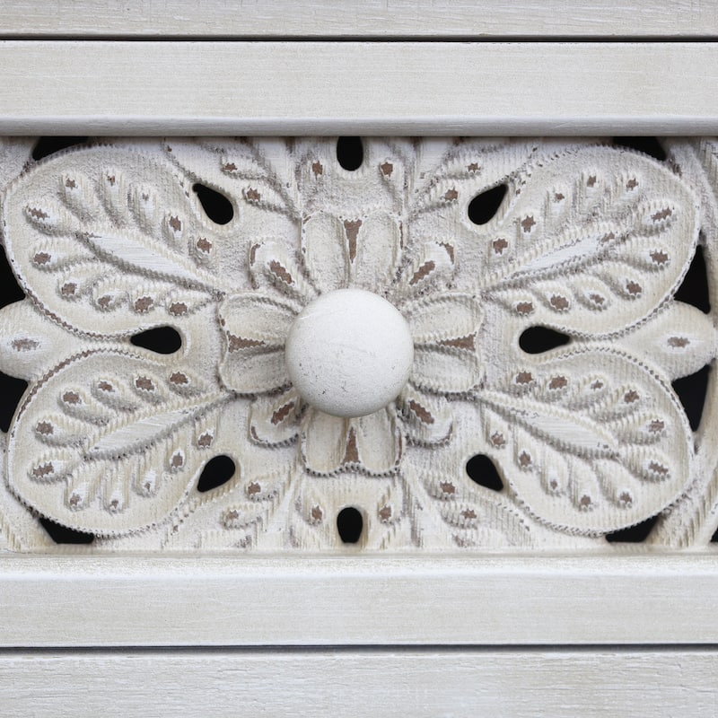 Rustic Hollow-Carved Wood Storage Cabinet with 1 Drawer and 2 Doors, Antique White, 31" H - 27.6" x 13.8" x 31"