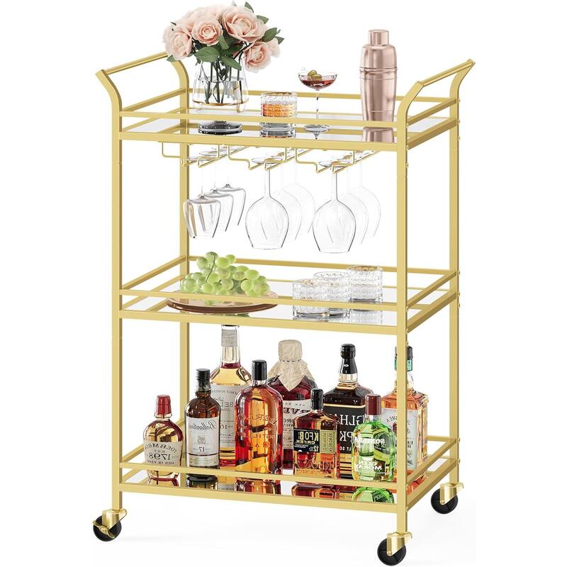 Home Bar Serving Cart with 3-Tier Shelf, Wine Holders, Glass Holders - Gold