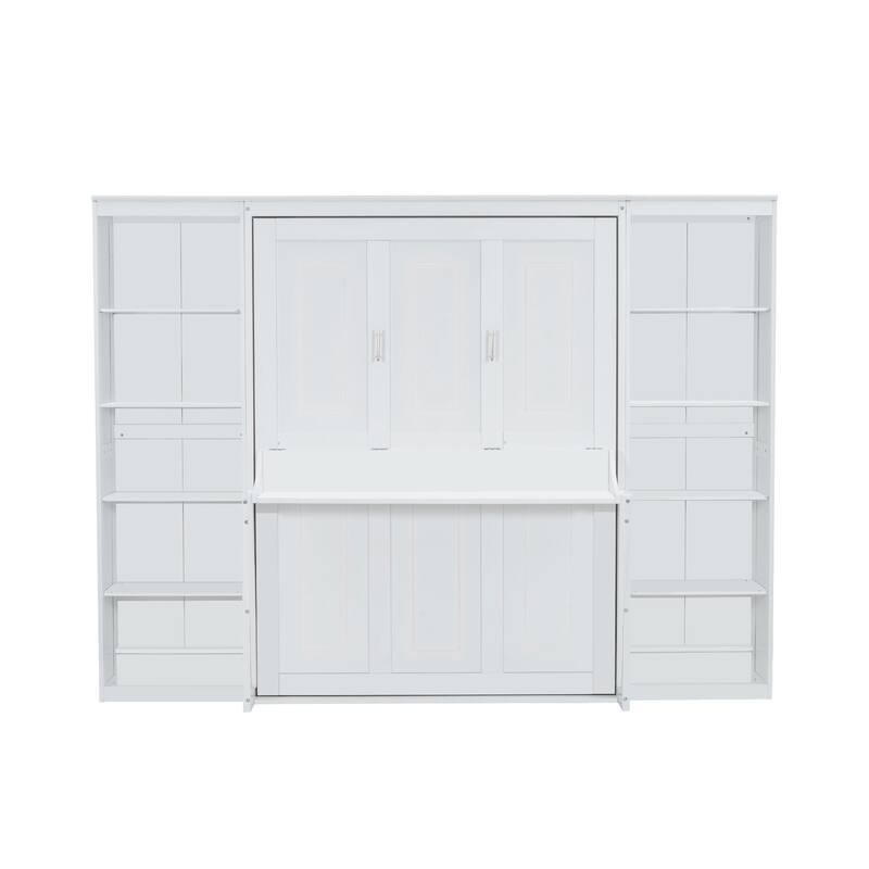 Large Murphy Bed, Wood Folding Wall Bed with Desk and Bookshelf
